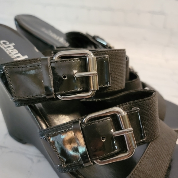 Charles by Charles Davis Black Strappy Buckle Wedge Sandles Size 10 B - Picture 3 of 7